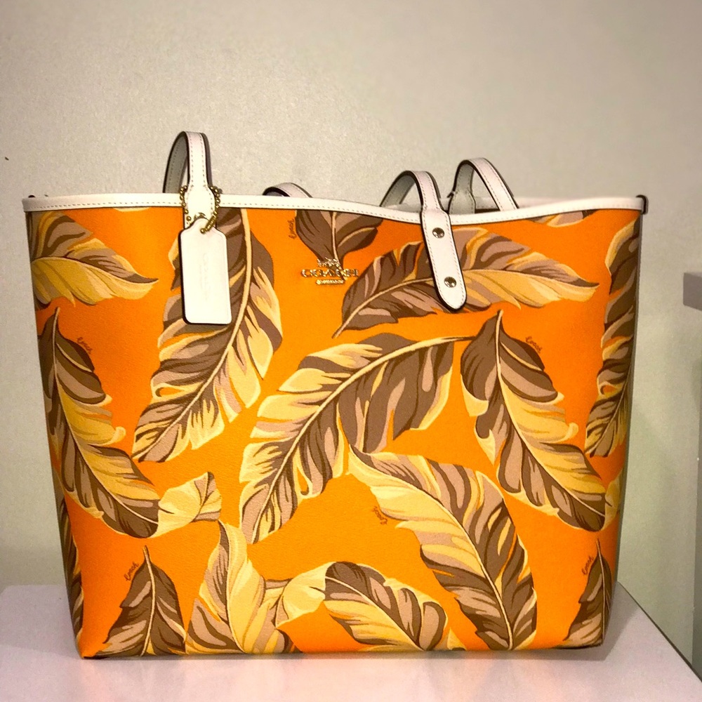 COACH: Orange, Beige and Brown Feather Tote 100% leather